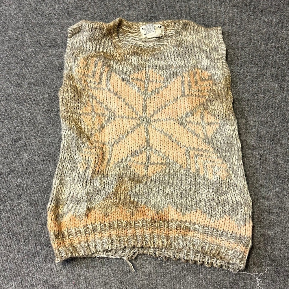 Hand Loomed Sweater Vest Womens Size M Grey Peach Snowflake Ramie Blend Knit